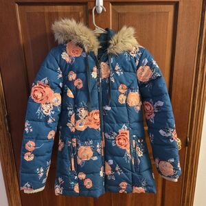 Matilda Jane Floral Blue Puffer Jacket with Faux Fur Hood
